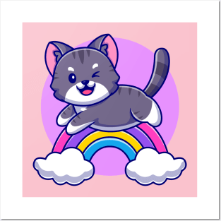 Cute Cat Jumping With Rainbow And Cloud Cartoon Posters and Art